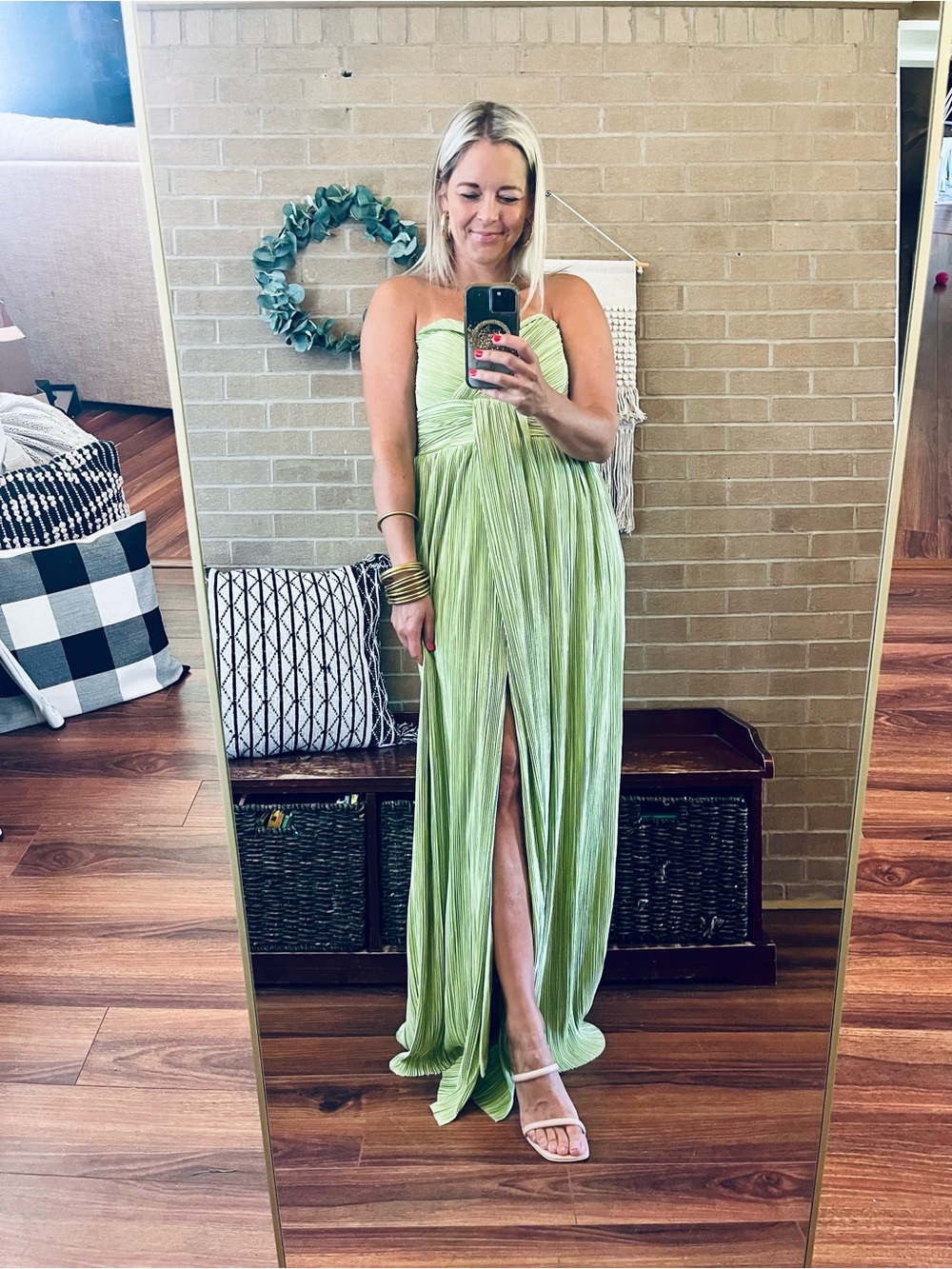 Lulu's Strapless Pleated Green Gown